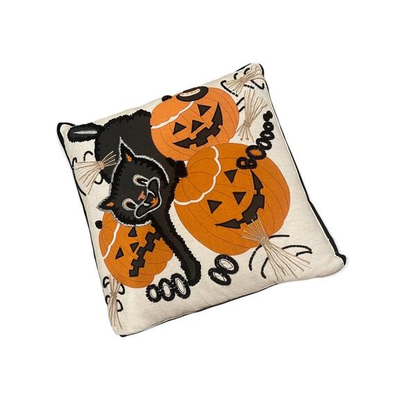 Nicole Miller Halloween Cat Pumpkin Accent Throw Pillows Set Embroidered Beaded - Picture 3 of 8